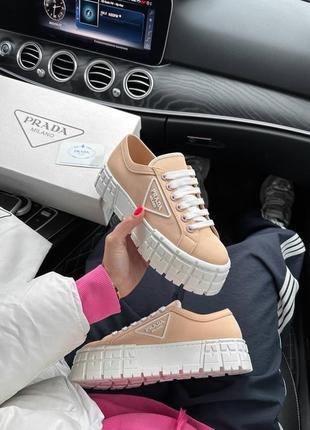 Жіночі текстильні кеди на платформі prada double wheel nylon gabardine peach premium⭐️