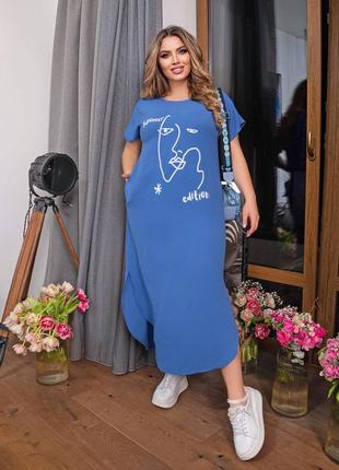 Стильна сукня великого розміру синя з малюнком,плаття великий розмір літне,на літо 2023