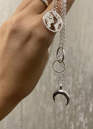 Серебристая тройная цепочка чокер невероятной красоты в турецком стиле с луной кольцами глобусом7 фото