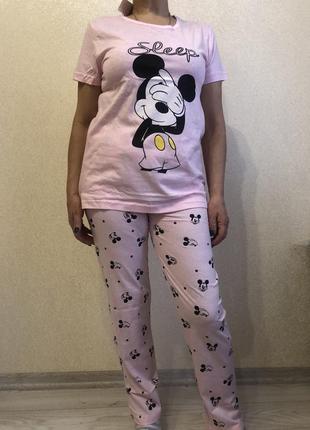 Піжама жіноча футбролка та штани трикотажна  рожева мишка розміри 48, 50