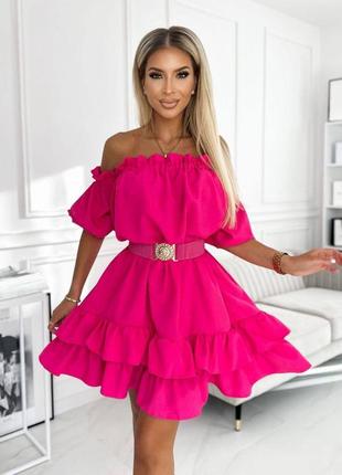 Платье мини объемное с поясом с воланами черная пудра малиновая розовая базовая стильная трендовая объемная платье короткое6 фото