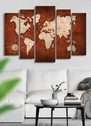 Модульна картина у вітальню / спальню мапа світу  коричнева art-469_5 ( 80х118см )2 фото