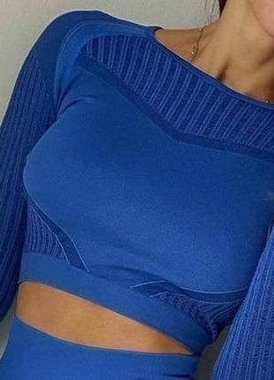 Женский костюм для фитнеса синий с длинным рукавом7 фото