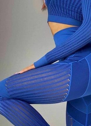 Женский костюм для фитнеса синий с длинным рукавом8 фото