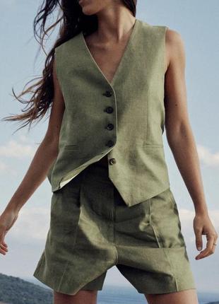 Костюм комплект зара zara жилетка шорти льон лен