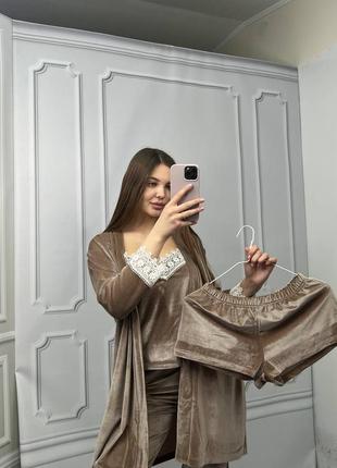 Домашній оксамитовий комплект четвірка. бархатний халат майка шорти штани з мереживом5 фото
