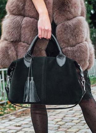Стильная черная замшевая кожаная женская сумка