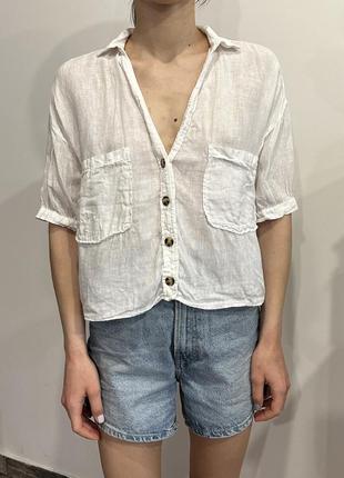 Zara коротка льняна сорочка з v-вирізом
