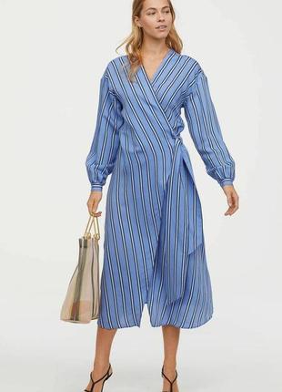 H&m натуральне лененьке плаття халат на запах в смужку довжина міді на довгий рукав голубого кольору розмір s xs