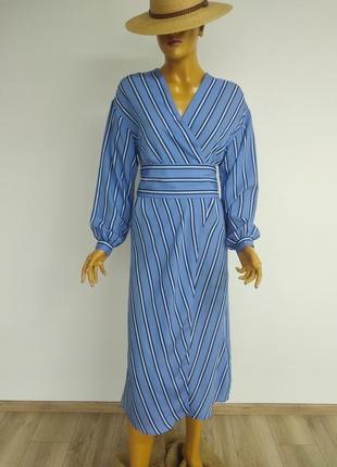 H&m натуральне лененьке плаття халат на запах в смужку довжина міді на довгий рукав голубого кольору розмір s xs5 фото