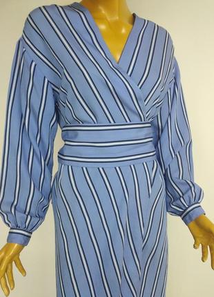H&m натуральне лененьке плаття халат на запах в смужку довжина міді на довгий рукав голубого кольору розмір s xs4 фото