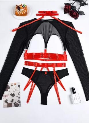 Мега сексуальный комплект с чокером чёрный и черный с красным xl