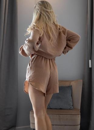 Женская муслиновая пижамка, женский пижамный комплект рубашка и шорты, легкая женская пижамка6 фото