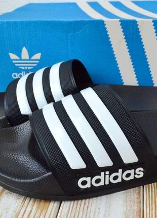 Adidas мужские шлепанцы черные с белым, стильные мужские шлепки адидас, пляжные шлепанцы4 фото