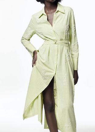 Платье миди рубашка-платье натуральная ткань с бисером zara оригинал