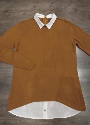 Удлиненный коттоновый свитер горчичного цвета1 фото