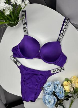 Фиолетовый комплект белья victoria's secret push up, женский набор белья виктория сикрет со стразами
