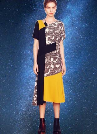 Интересное комбинированное вискозное миди платье finery/платье асимметричное/черный желтый