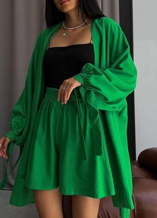 Костюм женский зеленый оверсайз-рубашка кимоно с поясом шорты на высокой посадке качественный стильный