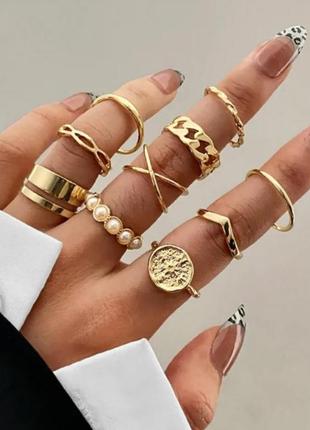 Набор золотистих колец в стиле бохо кольцо с жемчугом фланговые кольца