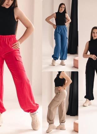 Женские трендовые штаны карго ткань лен с карманами10 фото
