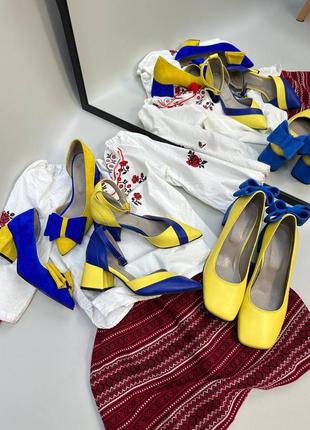Эксклюзивные туфли лодочки из натуральной итальянской кожи и замша женские на каблуке жёлтые голубые2 фото