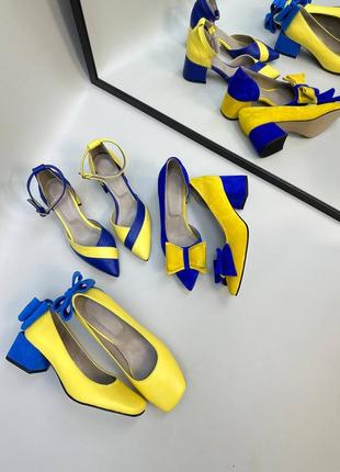 Эксклюзивные туфли лодочки из натуральной итальянской кожи и замша женские на каблуке жёлтые голубые4 фото