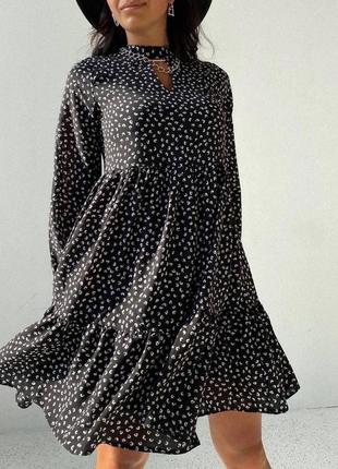Женское легкое короткое летнее черное романтичное платье с растительными узорами; 42-44, 46-486 фото