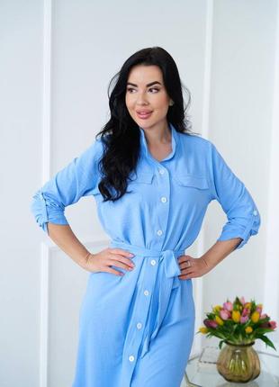 Жіноча сукня міді з поясом на гудзиках сукня-сорочка біла малинова блакитна лілова...