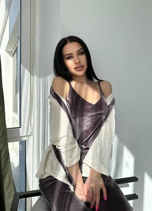 Бархатний комплект трійка . велюровий халат майка штани. плюшевий домашній костюм трійка8 фото