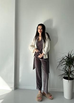 Бархатний комплект трійка . велюровий халат майка штани. плюшевий домашній костюм трійка2 фото