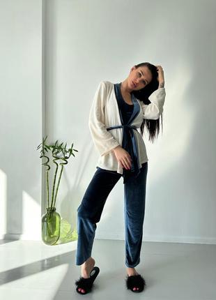 Бархатний комплект трійка . велюровий халат майка штани. плюшевий домашній костюм трійка