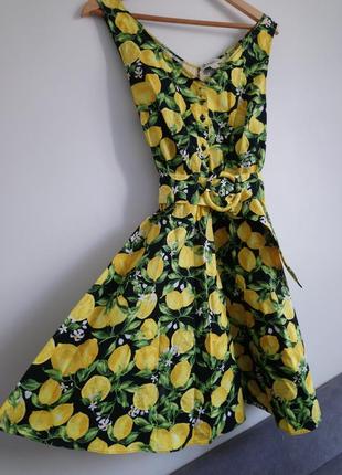 Сукня плаття сарафан остін з лимонами на ґудзиках з поясом на бретелях розширене вільне5 фото