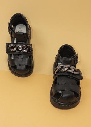 Босоніжки сандалі шкіряні для дівчинки 29 чорні детские босоножки для девочки jong golf3 фото