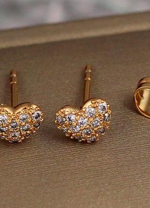 Сережки гвоздики xuping jewelry маленькі сердечка з камінчиками 5 мм золотисті