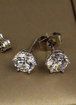 Серьги гвоздики xuping jewelry камешки на шесть креплений 7 мм серебристые2 фото