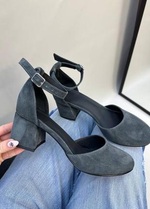 Туфли женские из натуральной итальянской кожи и замша женские на каблуке серые