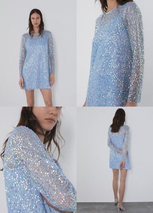 Прекрасна яскрава блискуча сукня zara 2488 / 129 / 400 блакитного кольору eur m