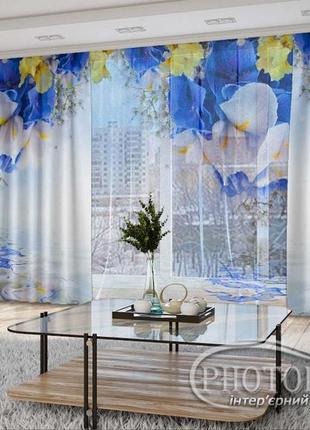 3d - фото штори і тюль "блакитні та жовті іриси над водою"- будь-який розмір. читаємо опис!