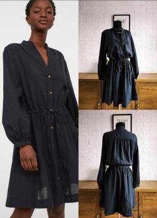 Сукня платье -рубашка 👗 ❤️💓 h&m чорна міді довгий рукав льон бавовна,l,xl