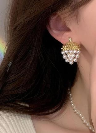 Розкішні сережки жолудь під матове золото ретро вінтаж кульчики кластери пусети2 фото