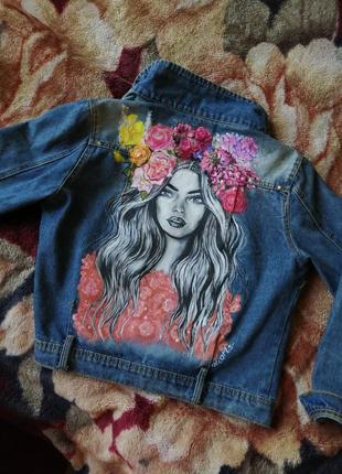 Джинсовка, джинсовая куртка пиджак с ручной росписью красками2 фото