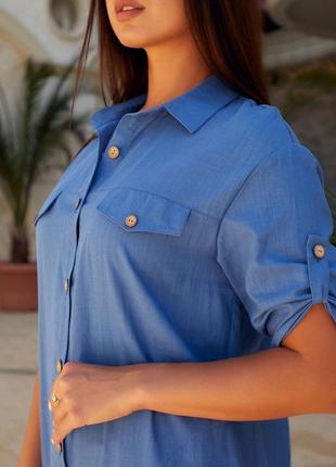 Женское платье короткое рубашка удлиненная туника синее лиловое красное на пуговицах3 фото