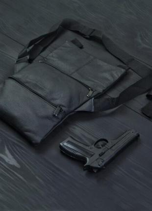 Тактическая кожаная сумка черная4 фото