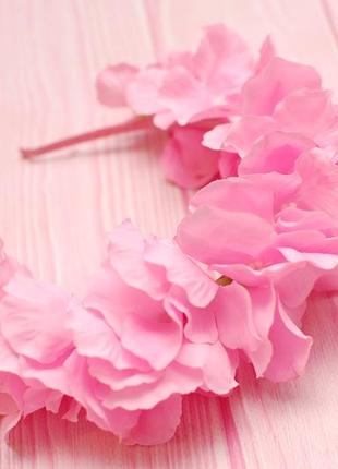 Обруч ободок розовый с гортернзией3 фото