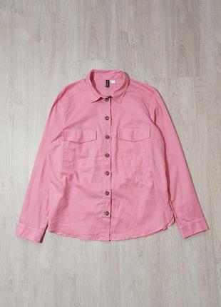 Коттоновая рубашка розовая свободного кроя h&amp;m с карманами