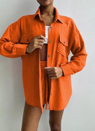 Женский деловой стильный классный классический удобный модный трендовый костюм модный шортики шорты и рубашка сорочка голубой оранжевый6 фото