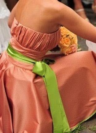 Обмен выпускное вечернее персиковое платье в горох с атласной лентой s-m1 фото