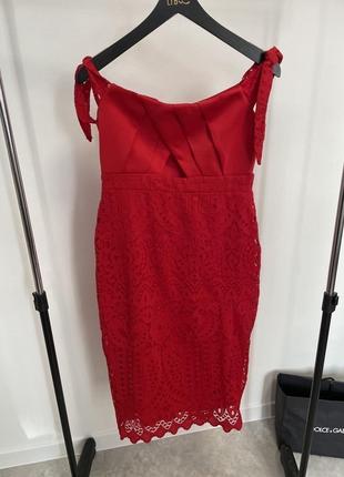 Платье миди с кружевом и завязками на плечах asos bardot8 фото