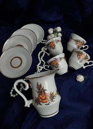 Чайная роза! ☕🌼 барановка сервиз кофейный винтаж фарфор деколь позолота советский чашки с блюдцами сливочник